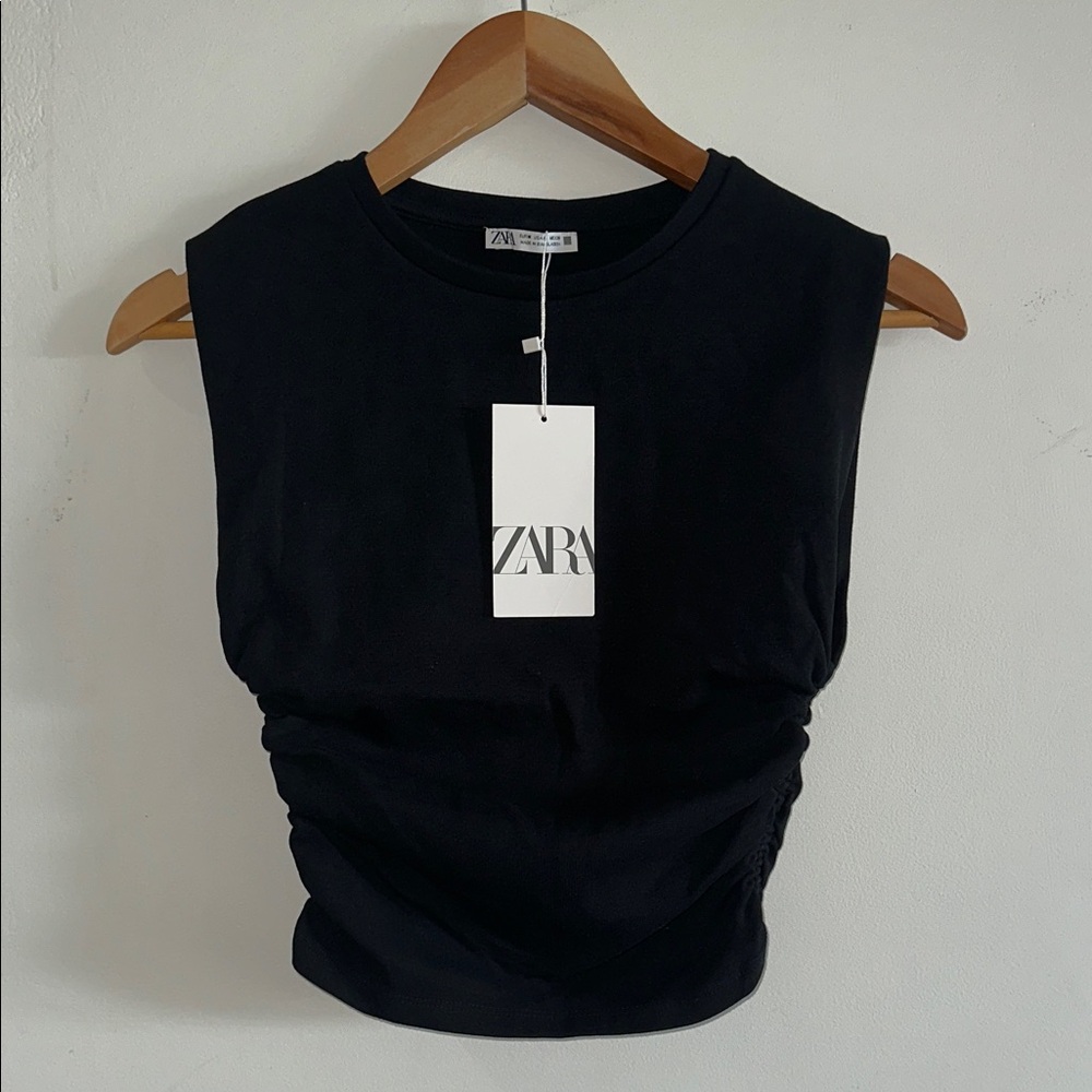 NEW ZARA Black Sleeveless Ruched Cropped Muscle Tee
